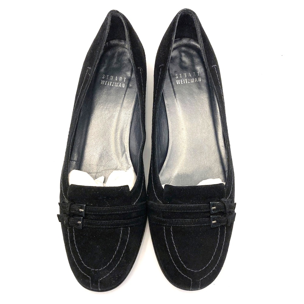Stuart Weitzman Black Suede Loafers Double Buckle Slip On Womens 7.5 M